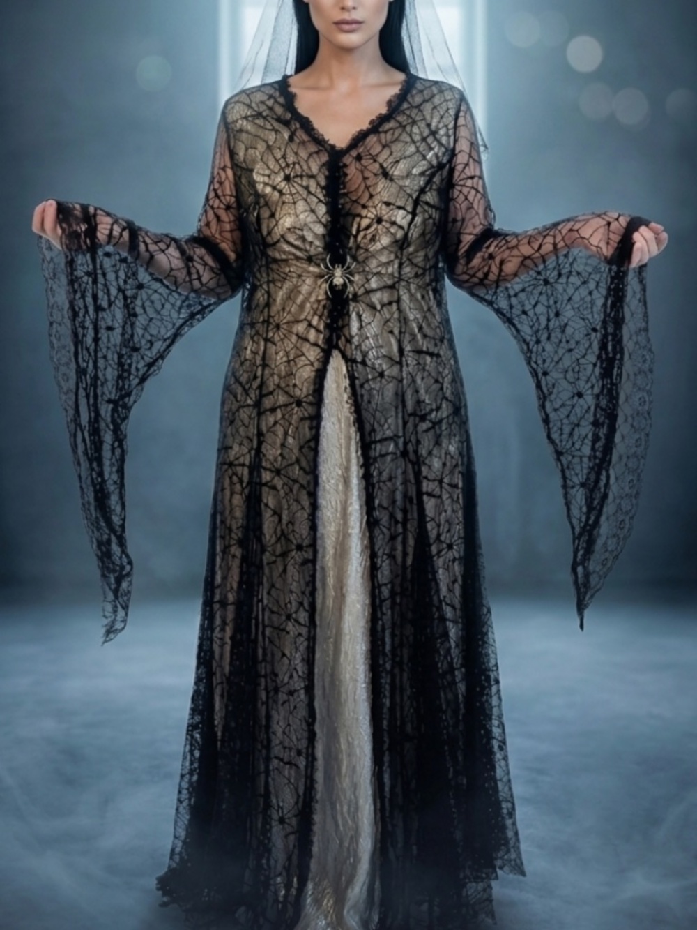 Soft Whimsigoth / Witchy Goddess Hooded Lace Duster Gown Flare Sleeve Cloak (3X)